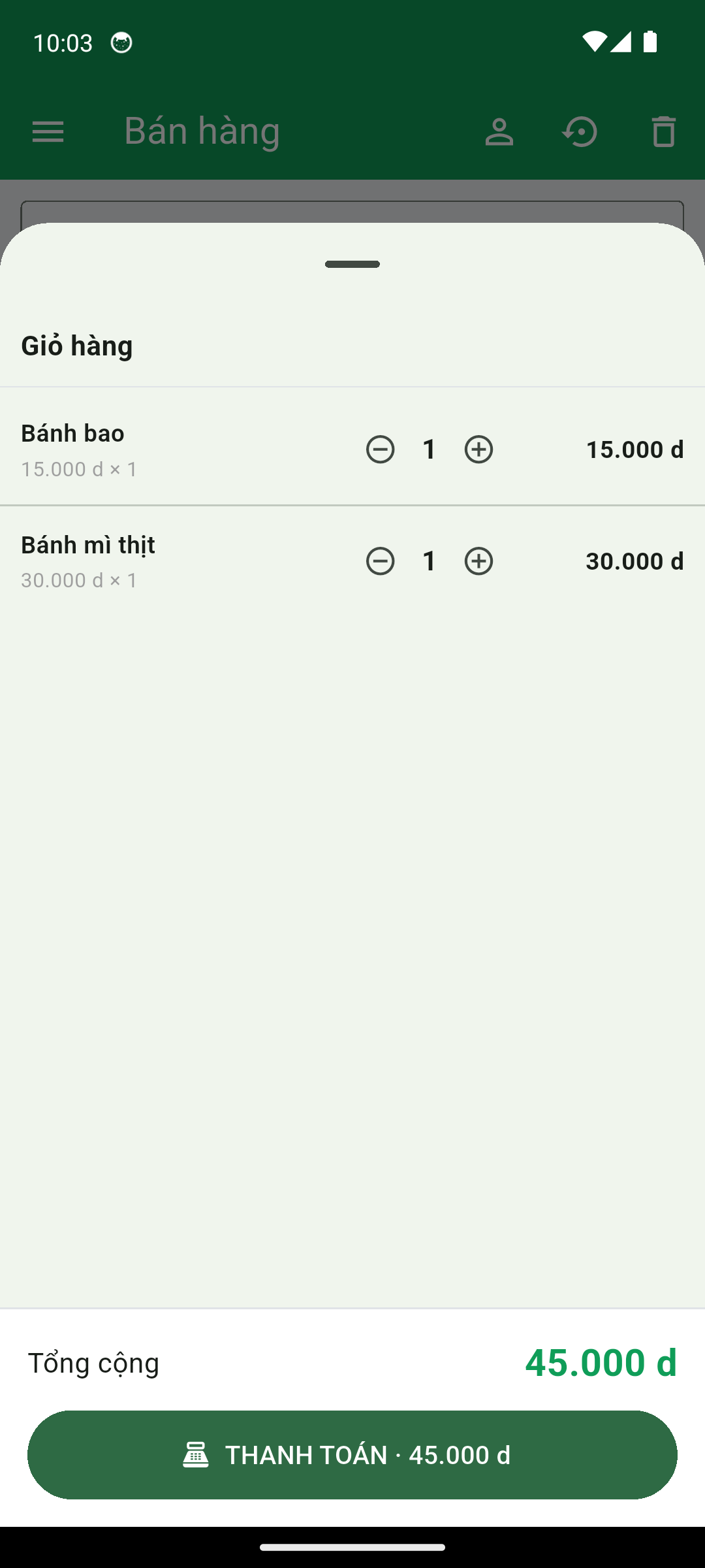 Màn hình giỏ hàng trong app TP POS: bánh bao 15.000đ, bánh mì thịt 30.000đ, tổng cộng 45.000đ, nút Thanh toán.